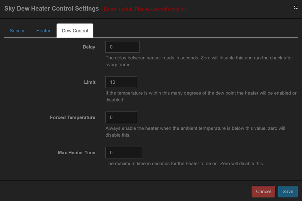 Dew Heater Settings